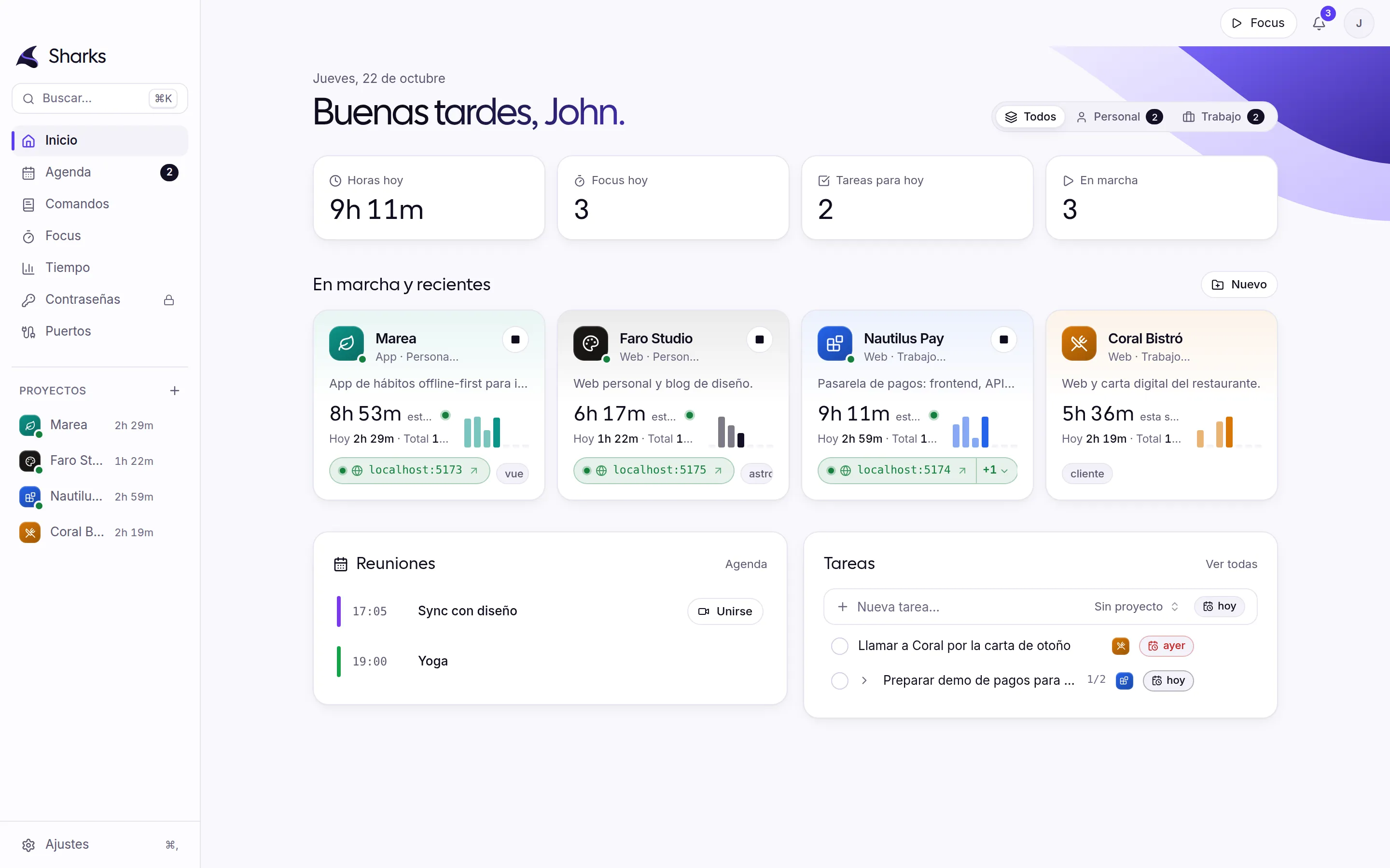 Inicio de Sharks: saludo, horas de hoy y de la semana, y tarjetas de proyectos con su minigráfica